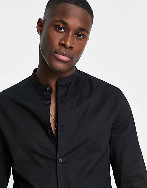 ASOS DESIGN skinny fit shirt with band collar in black
