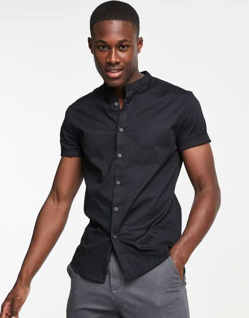 ASOS DESIGN skinny fit shirt with band collar in black