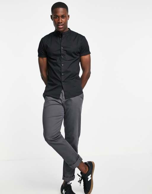 ASOS Design Skinny Fit Shirt with Band Collar in Black