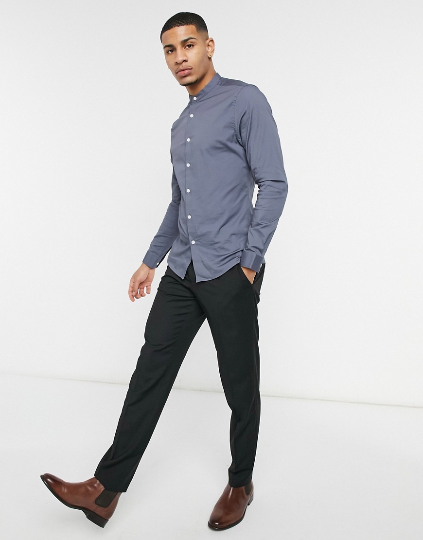 ASOS DESIGN skinny fit shirt with band collar in dusky navy-Blues