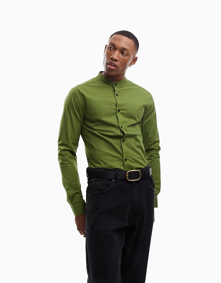 Asos Design Skinny Fit Shirt With Band Collar In Green
