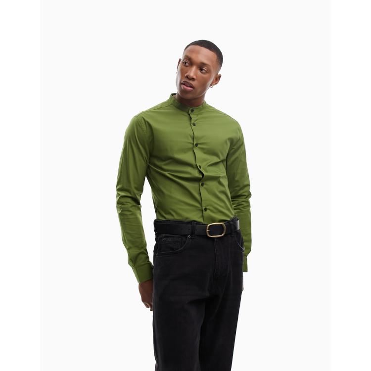 Olive green mandarin collar hot sale shirt