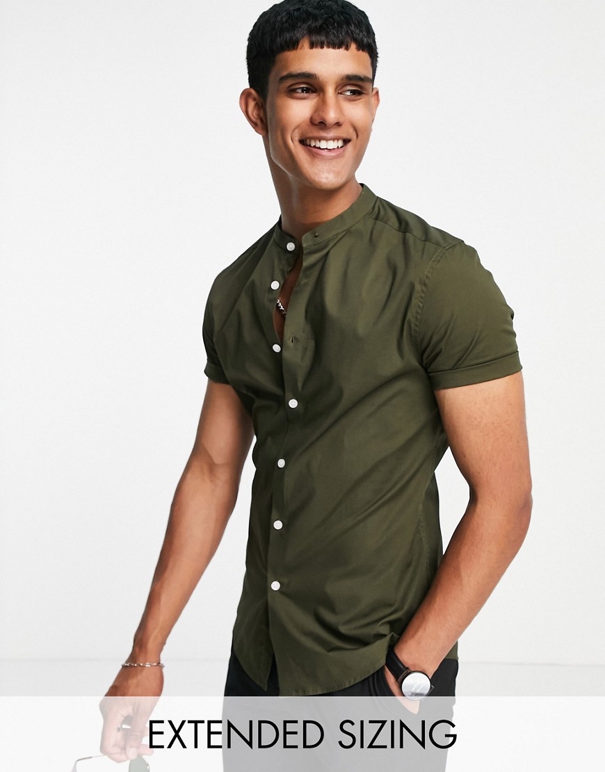Asos Design Skinny Fit Shirt With Band Collar In Khaki-green