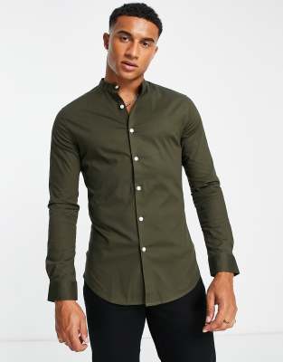 Asos Design Slim Oxford Shirt With Grandad Collar In Dark Khaki-green