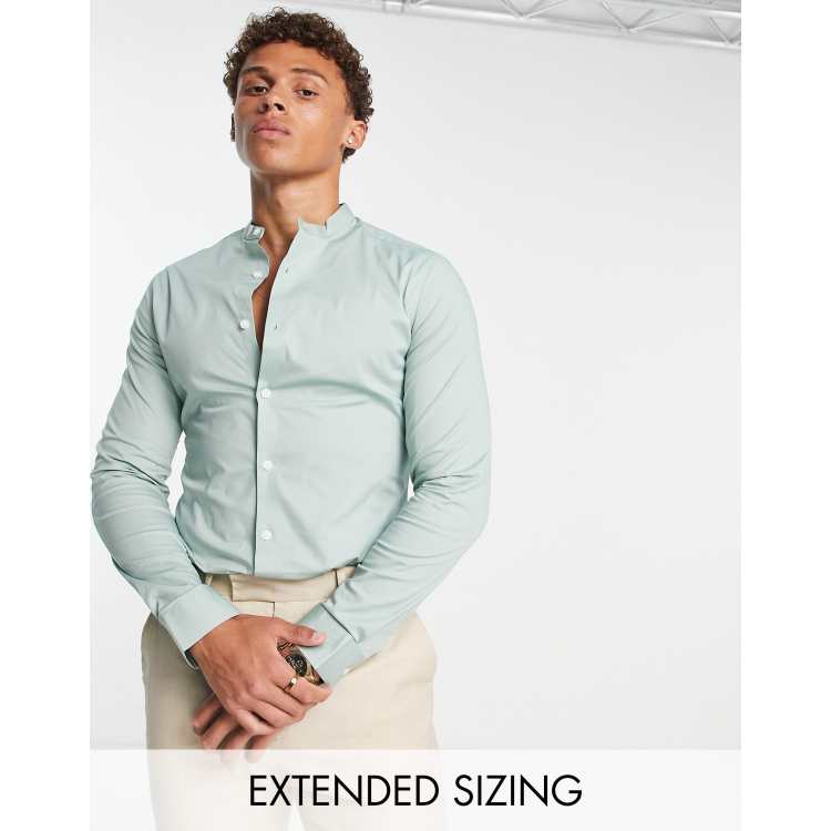 ASOS DESIGN skinny fit shirt with band collar in sage green