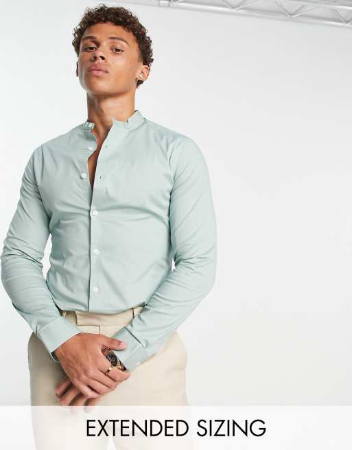 ASOS DESIGN skinny fit shirt with band collar in sage green