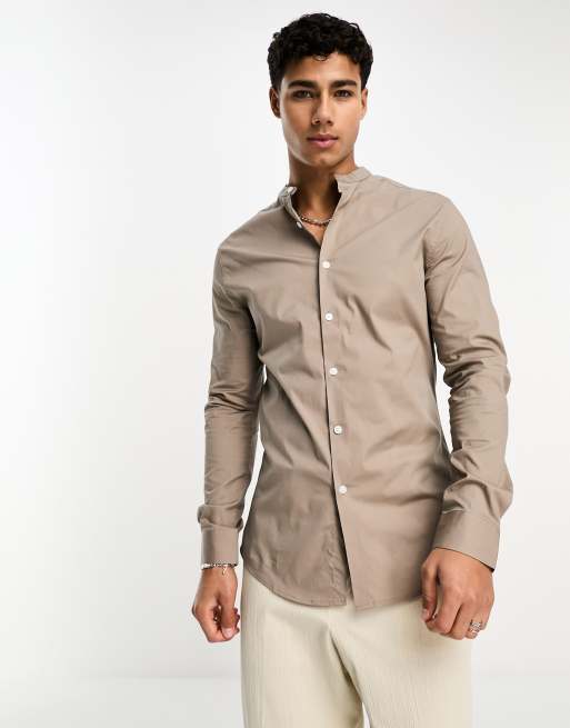 ASOS DESIGN skinny fit shirt with band collar in taupe