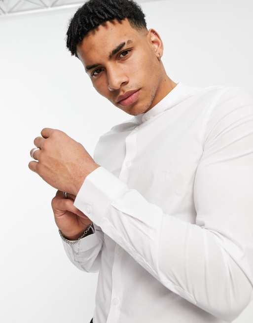 ASOS DESIGN skinny fit shirt with band collar in white | ASOS