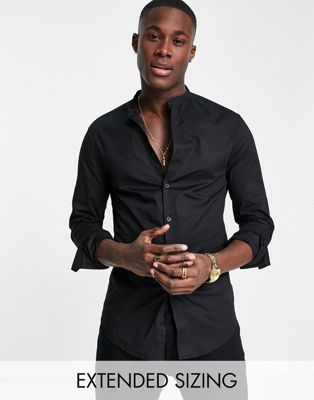 ASOS DESIGN skinny fit shirt with grandad collar in black - ASOS Price Checker