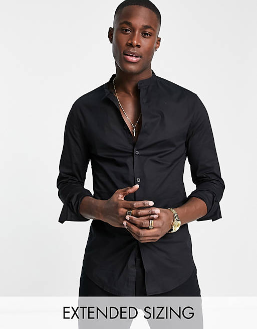 ASOS DESIGN skinny fit shirt with grandad collar in black | ASOS