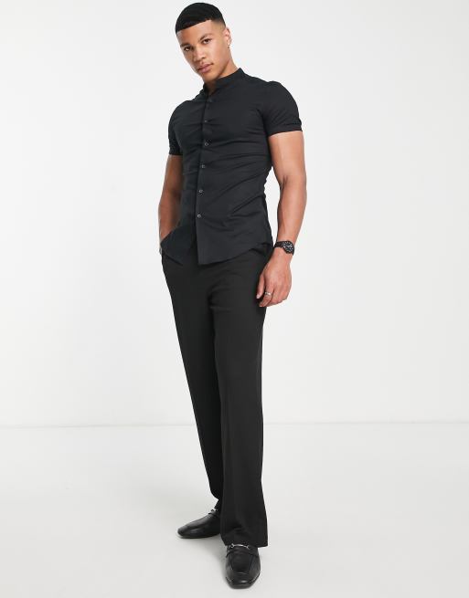 ASOS DESIGN skinny fit shirt with grandad collar in black | ASOS