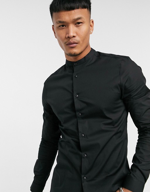 ASOS DESIGN skinny fit shirt with grandad collar in black