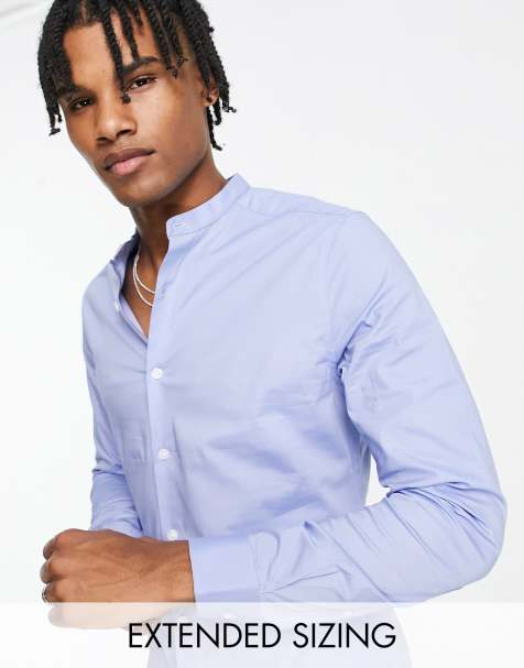 ASOS DESIGN skinny fit shirt with grandad collar in blue - view 1