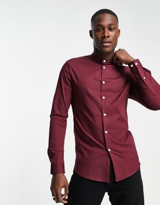ASOS DESIGN skinny fit shirt with grandad collar in burgundy