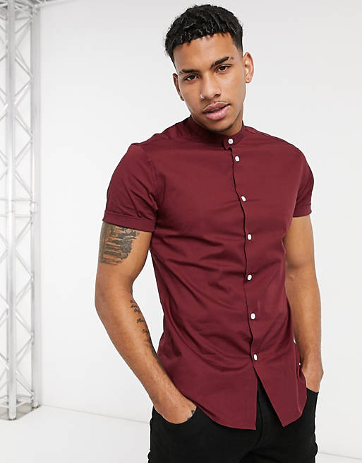 ASOS DESIGN skinny fit shirt with grandad collar in burgundy | ASOS