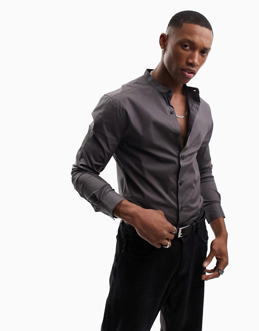 ASOS DESIGN skinny fit shirt with grandad collar in charcoal-Grey