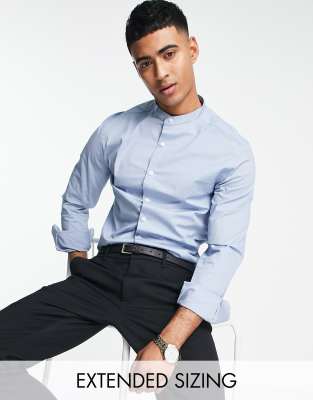 ASOS DESIGN skinny fit shirt with grandad collar in light blue