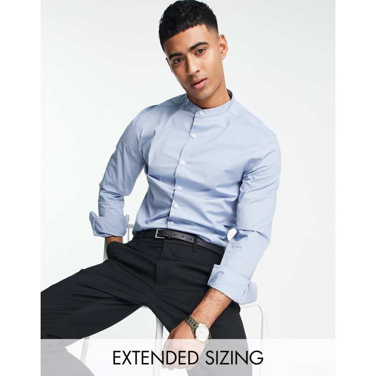 ASOS DESIGN skinny fit shirt with grandad collar in light blue