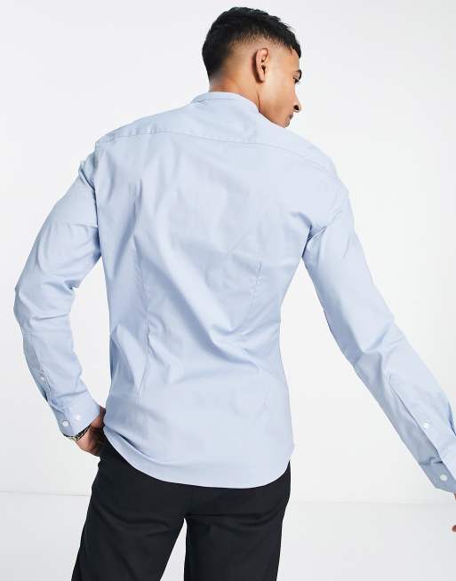 ASOS DESIGN skinny fit shirt with grandad collar in light blue