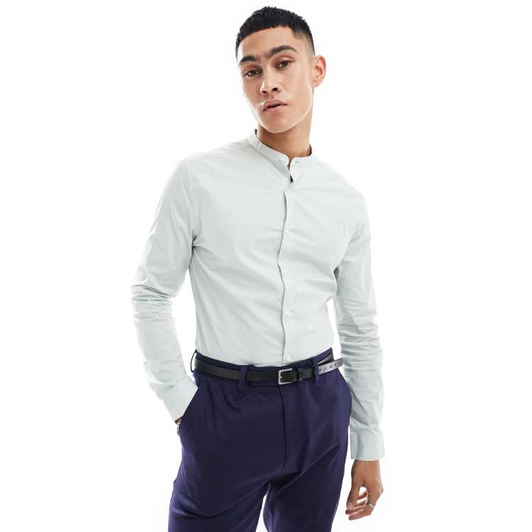 ASOS DESIGN skinny fit shirt with grandad collar in light sage green