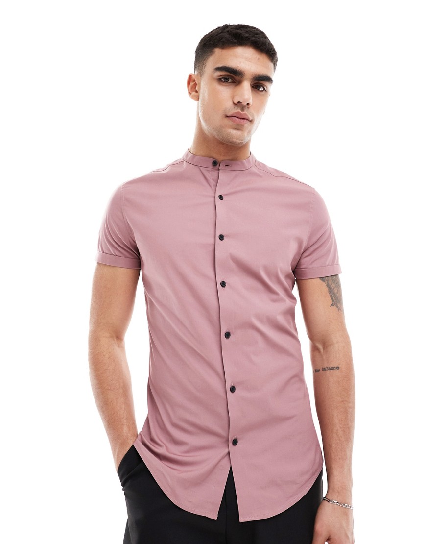 Asos Design Skinny Fit Shirt With Grandad Collar In Mauve-purple In Pink
