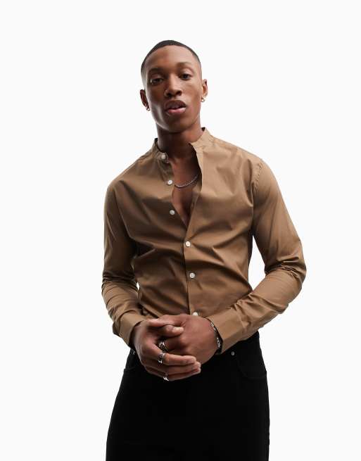 ASOS DESIGN skinny fit shirt with grandad collar in mid brown