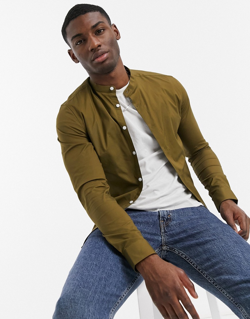 ASOS DESIGN skinny fit shirt with grandad collar in military olive-Green