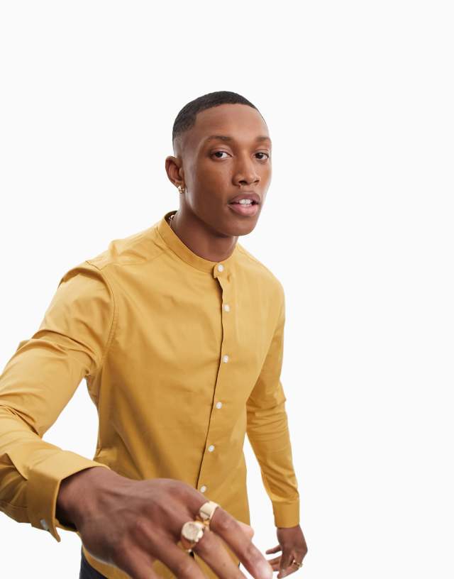 ASOS DESIGN skinny fit shirt with grandad collar in mustard