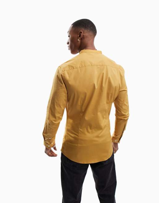 ASOS DESIGN skinny fit shirt with grandad collar in mustard, 2 of 4