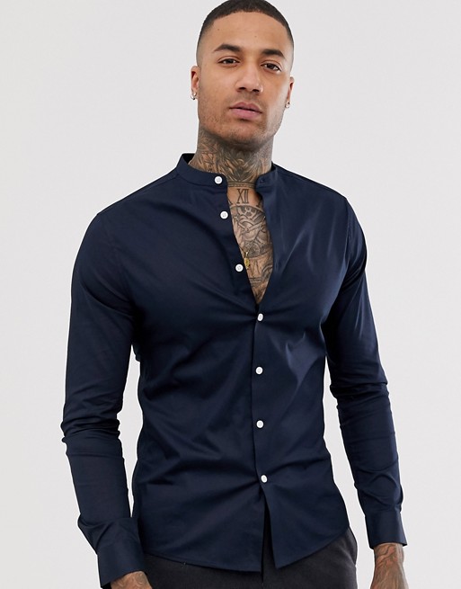 ASOS DESIGN skinny fit shirt with grandad collar in navy | ASOS