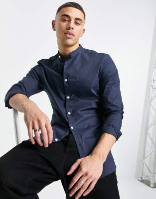 ASOS DESIGN SKINNY FIT SHIRT WITH GRANDAD COLLAR IN NAVY,LS POPPY GD