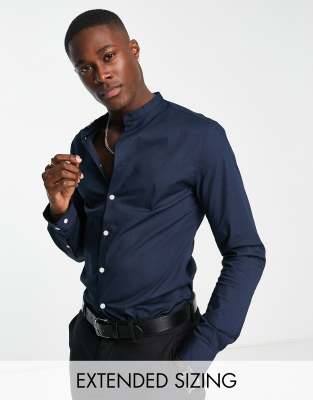 Asos Design Skinny Fit Shirt With Grandad Collar In Navy