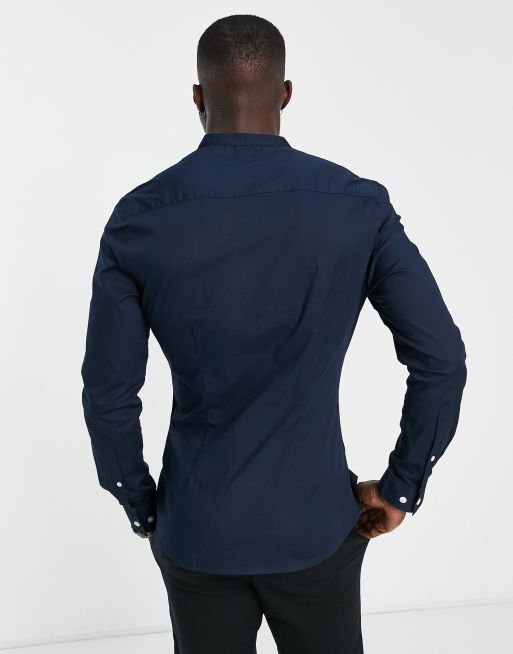 ASOS DESIGN skinny fit shirt with grandad collar in navy, 2 of 4