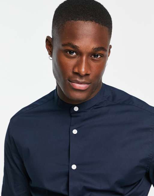 ASOS DESIGN skinny fit shirt with grandad collar in navy, 3 of 4