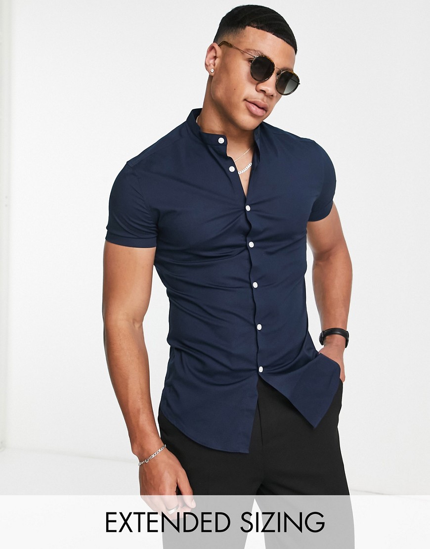 ASOS DESIGN skinny fit shirt with grandad collar in navy