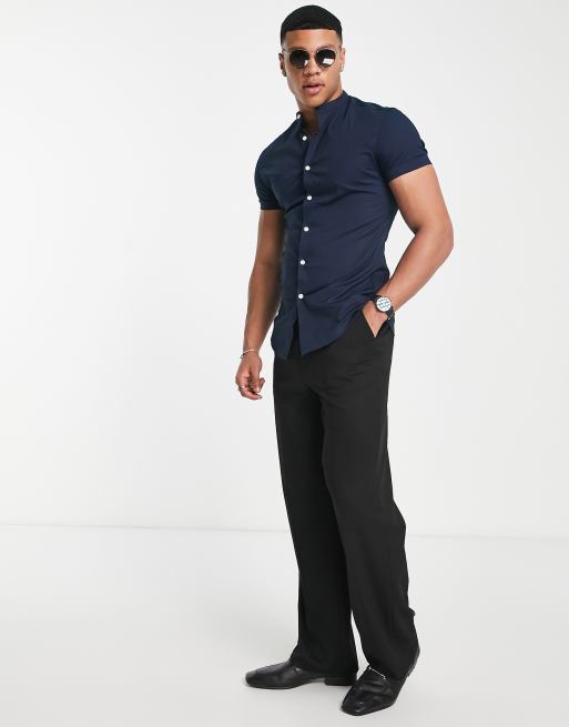 ASOS DESIGN skinny fit shirt with grandad collar in navy, 3 of 4