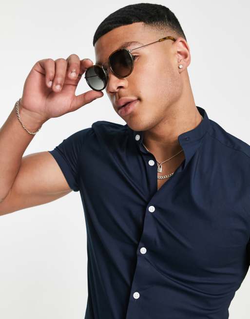 ASOS DESIGN skinny fit shirt with grandad collar in navy, 4 of 4