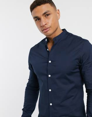 ASOS DESIGN SKINNY FIT SHIRT WITH GRANDAD COLLAR IN NAVY,LS POPPY GD