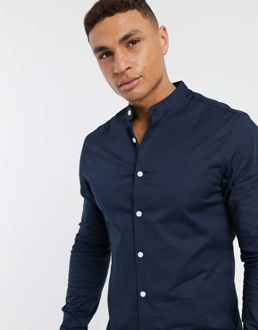 ASOS DESIGN skinny fit shirt with grandad collar in navy