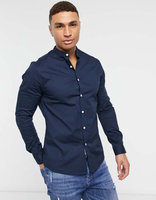 ASOS DESIGN skinny fit shirt with grandad collar in navy