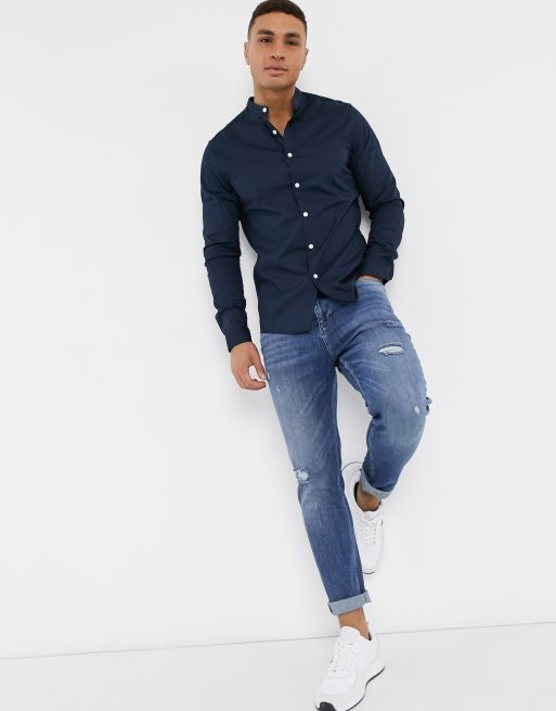 ASOS DESIGN skinny fit shirt with grandad collar in navy