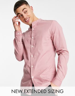 ASOS DESIGN skinny fit shirt with grandad collar in pink  - ASOS Price Checker