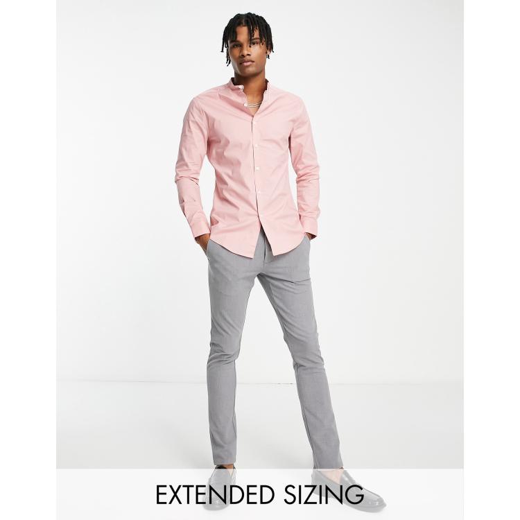 ASOS DESIGN skinny fit shirt with grandad collar in pink | ASOS