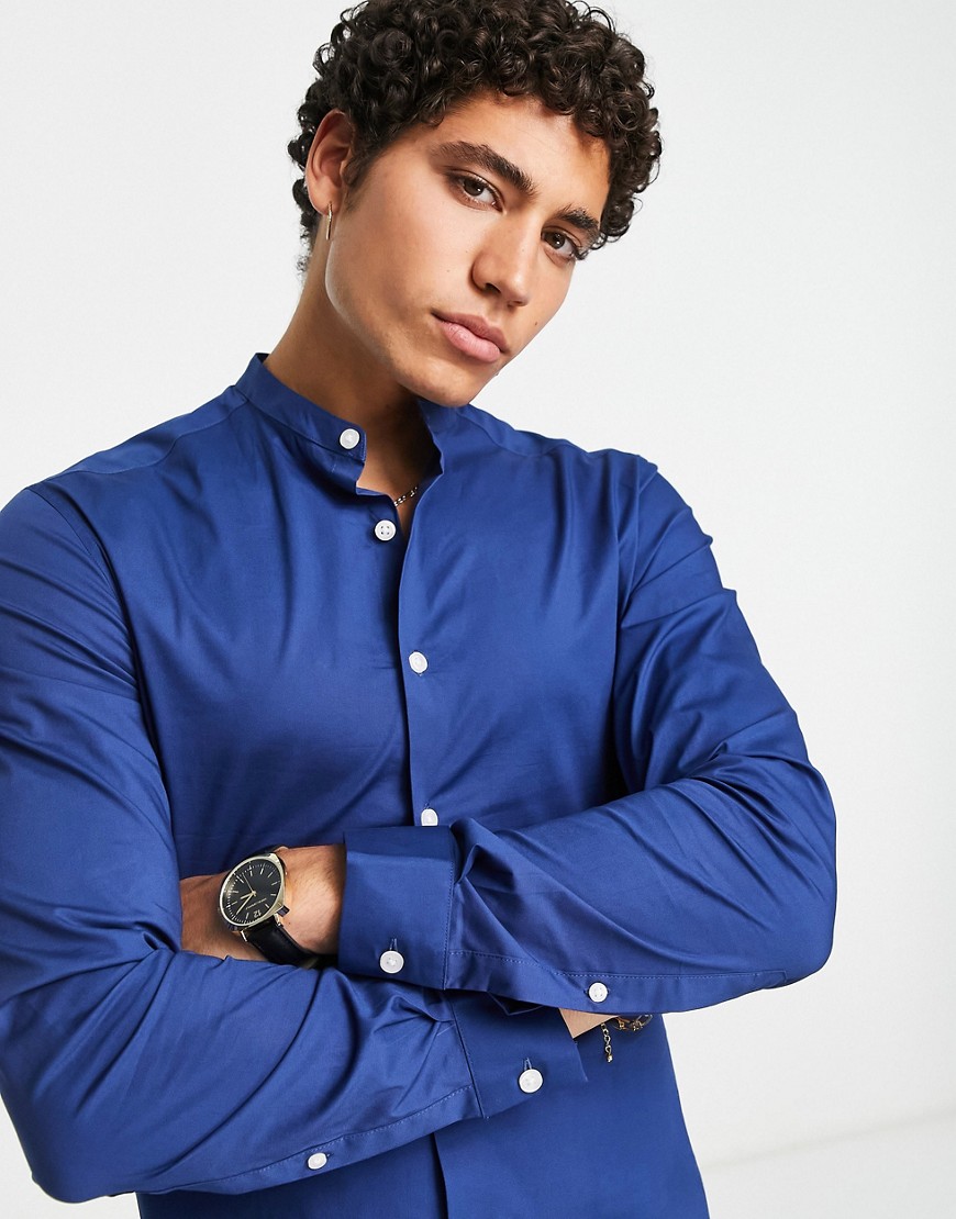 Asos Design Skinny Fit Shirt With Grandad Collar In Royal Blue