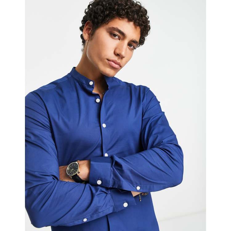 ASOS DESIGN skinny fit shirt with grandad collar in royal blue | ASOS