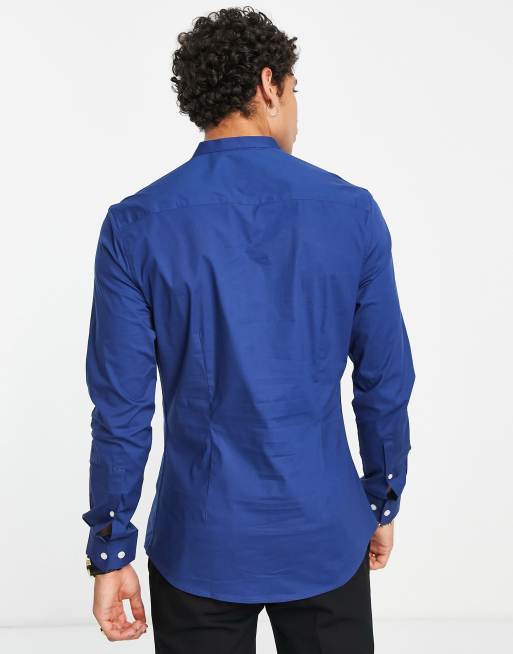 ASOS DESIGN skinny fit shirt with grandad collar in royal blue , 2 of 4
