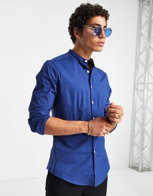 ASOS DESIGN skinny fit shirt with grandad collar in royal blue | ASOS