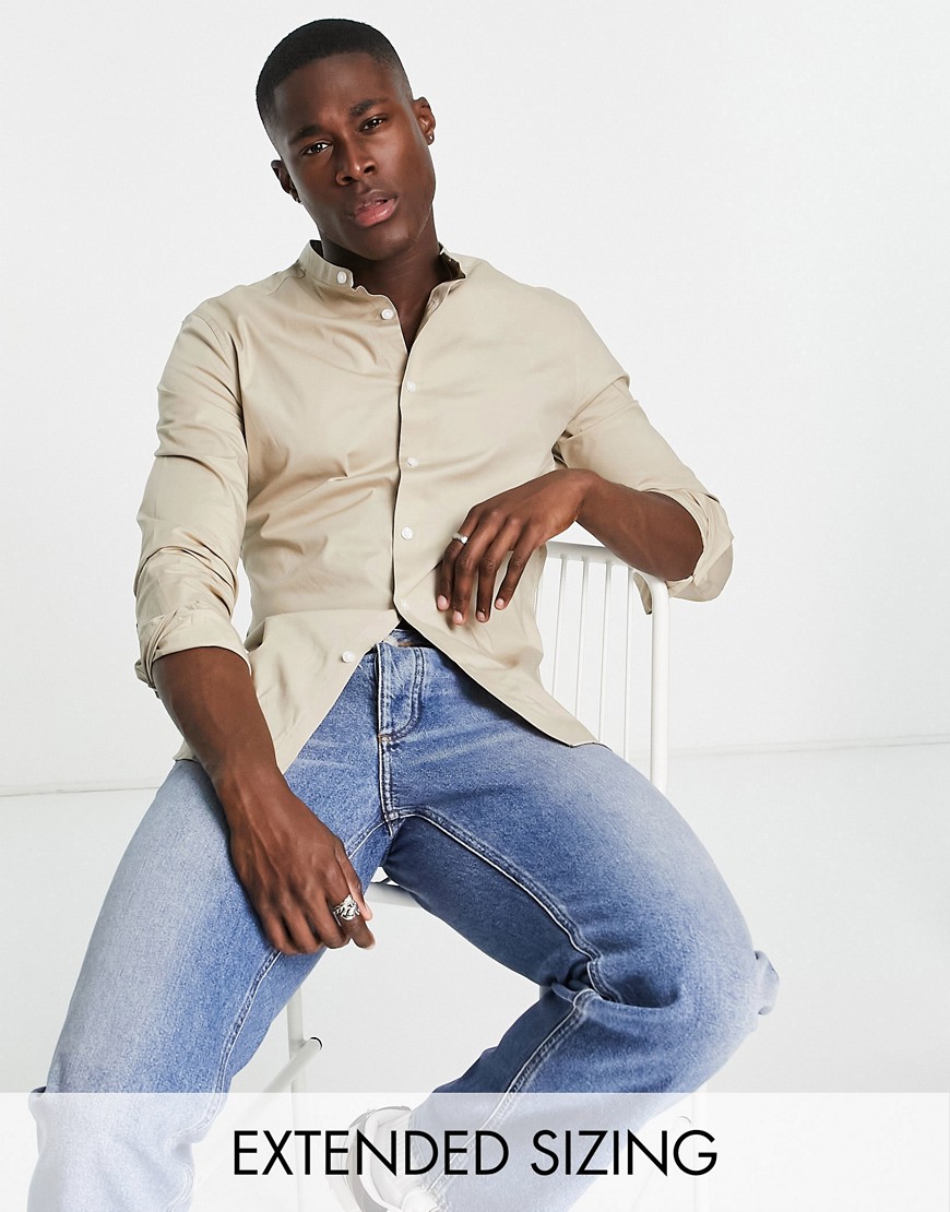 ASOS DESIGN skinny fit shirt with grandad collar in stone-Neutral