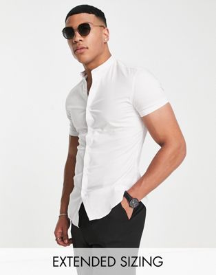 ASOS DESIGN skinny fit shirt with grandad collar in white - ASOS Price Checker