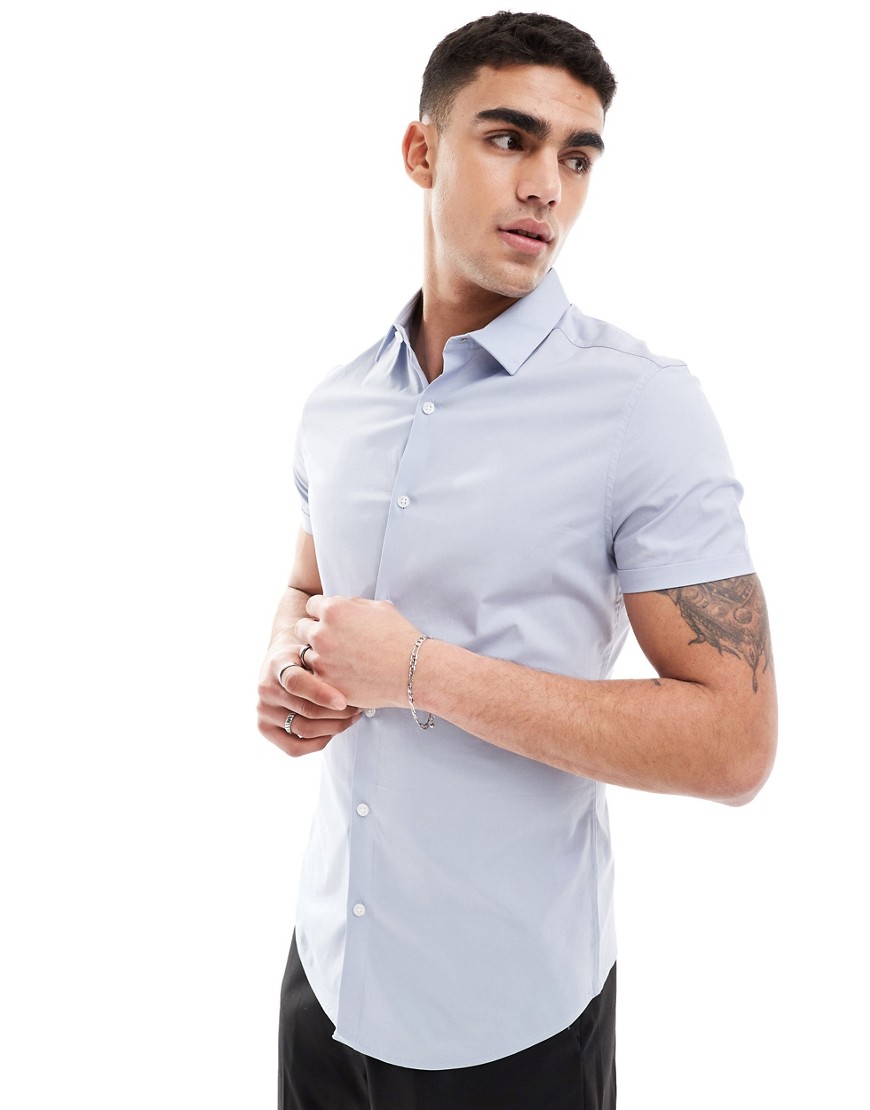 Asos Design Skinny Fit Shirt With Roll Sleeves In Light Blue